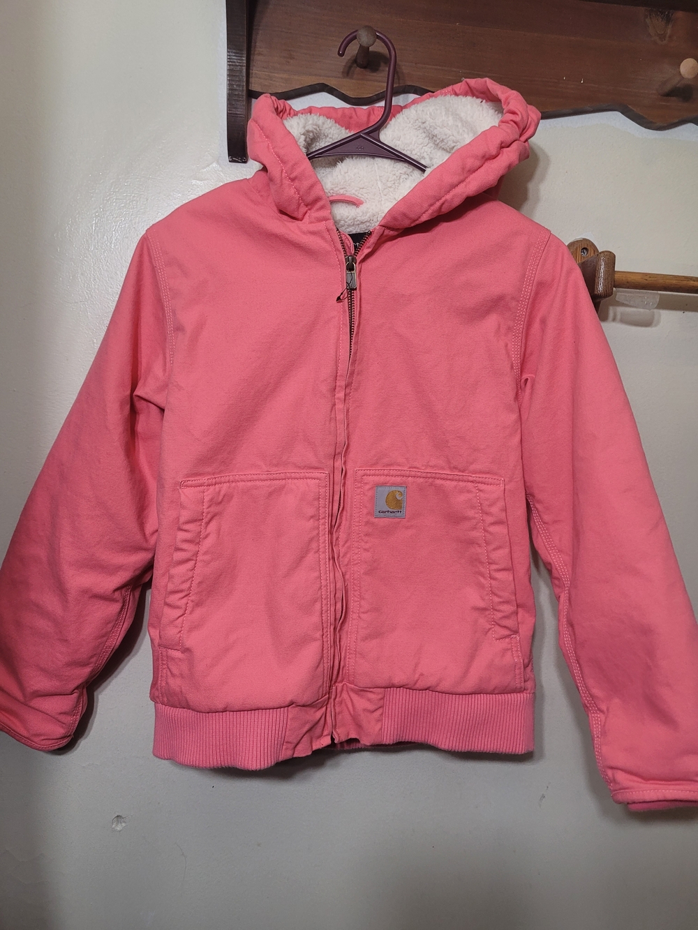 Carhartt Large 14 Girls Canvas Coat Hooded Sherpa Lined Jacket Pink Duck Utility